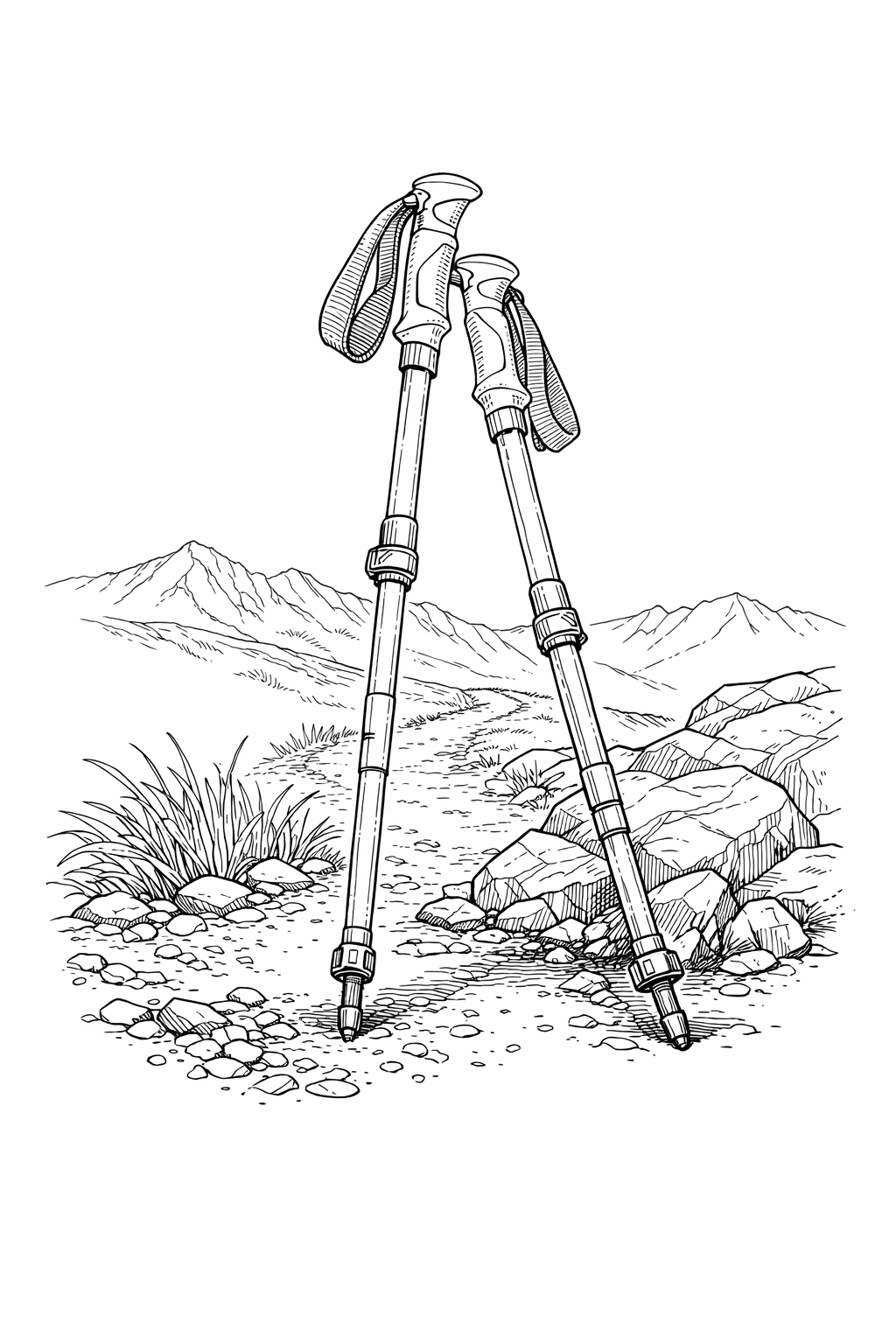 Leki Makalu Lite Trekking Poles on Alpine Ridge — Line Art Coloring Page