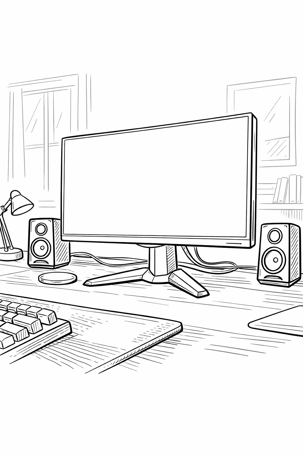 LG UltraGear Gaming Monitor Desk Vignette — Technical Line Art Coloring Page