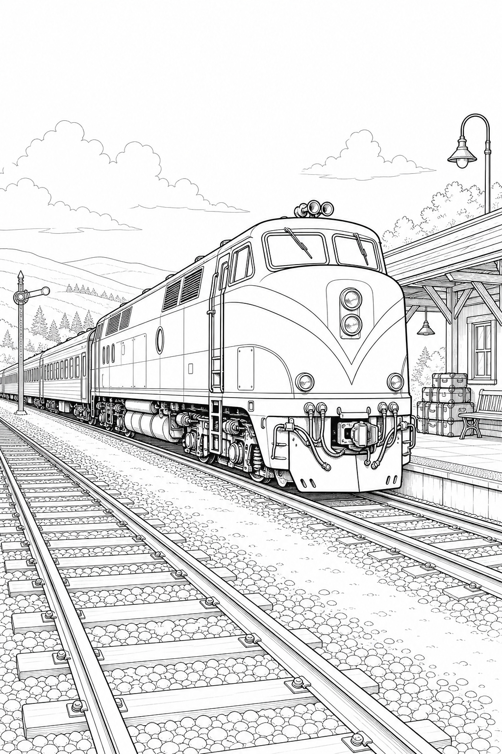 LRC Locomotive at Regional Station — Technical Line Drawing Coloring Page