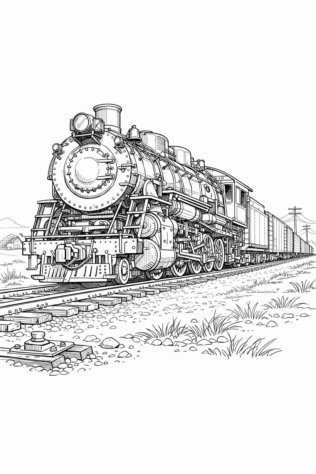 Mikado Steam Locomotive on Rural Freight Track — Technical Line Art Coloring Page