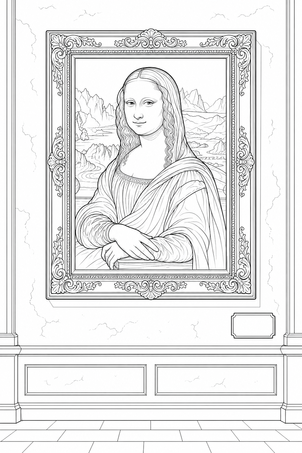 Mona Lisa Portrait in Ornate Frame — Technical Line Drawing Coloring Page