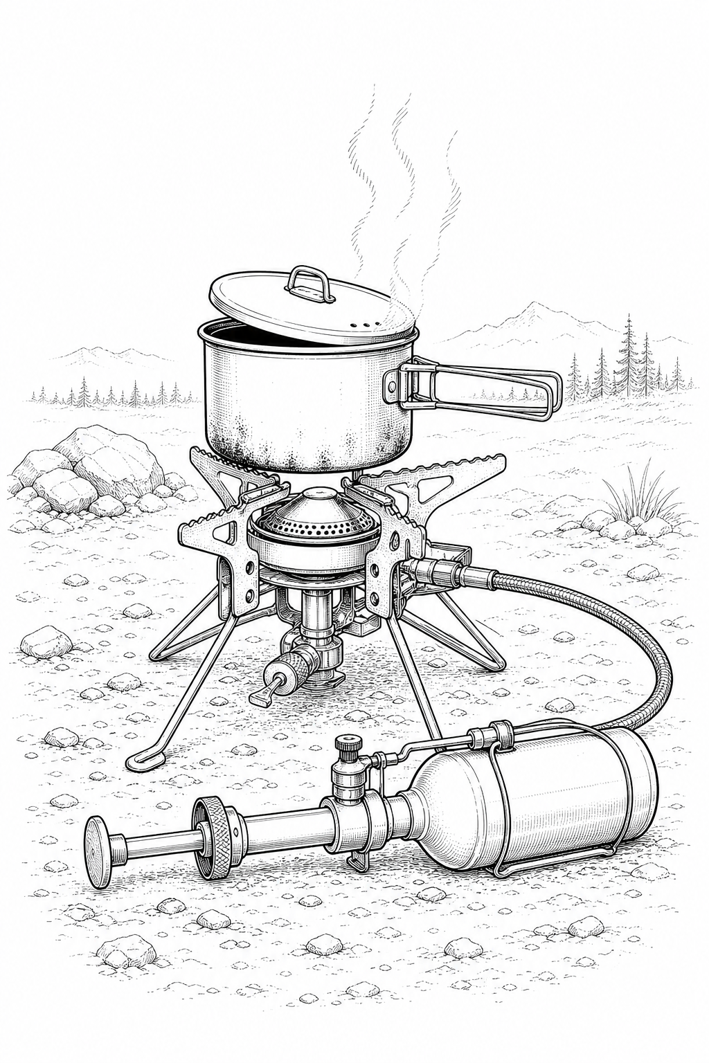 MSR WhisperLite Universal stove with camp pot on gravel – detailed line art coloring page