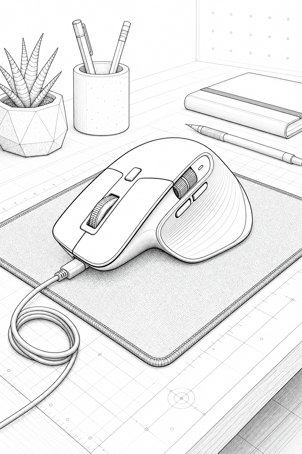 Logitech MX Master 3S ergonomic mouse detailed line art coloring page