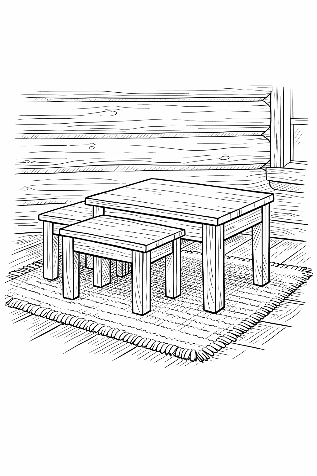 Nesting Tables in Rustic Cabin Interior – Printable Coloring Page