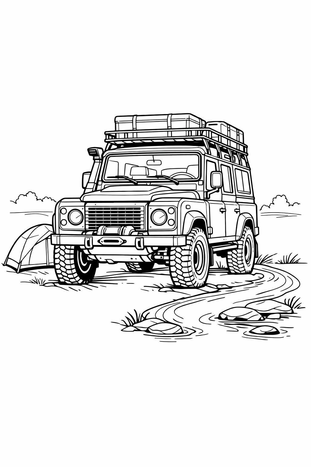 Vintage Land Rover Defender at Streamside Campsite Coloring Page