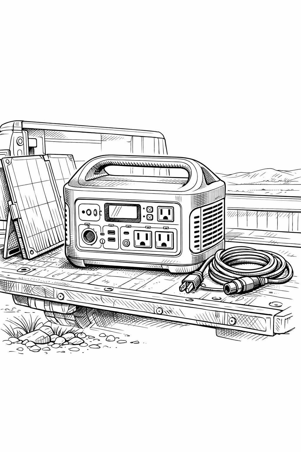 Overland portable power station technical line drawing coloring page
