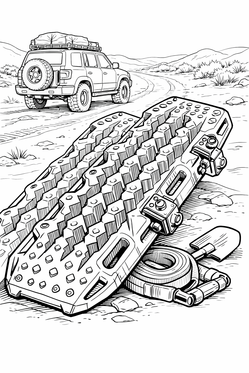 Overland Recovery Traction Boards on Roof Rack — Technical Line Art Coloring Page