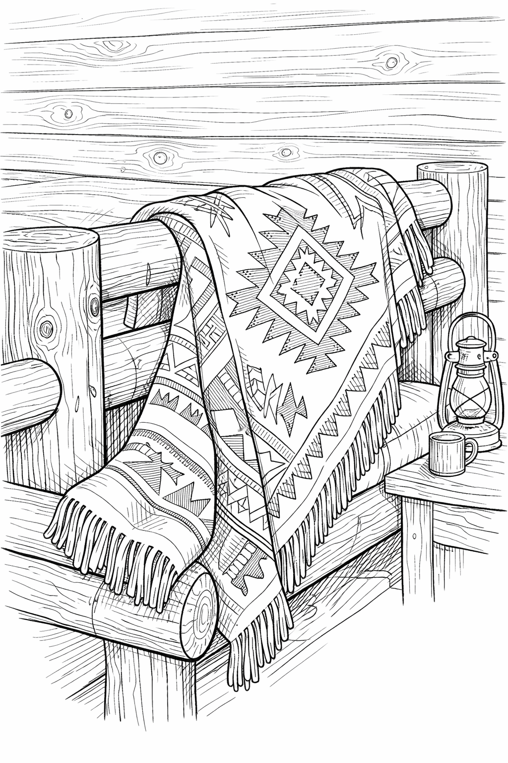 Pendleton wool blanket draped on a log bunk — cabin textile line drawing for coloring