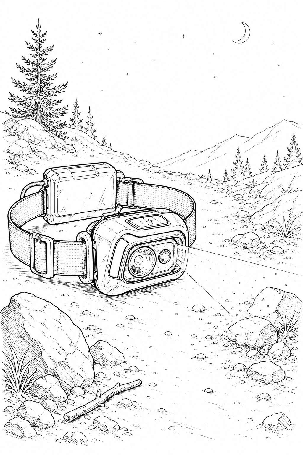 Petzl Actik Core headlamp close-up on a night trail — premium coloring page