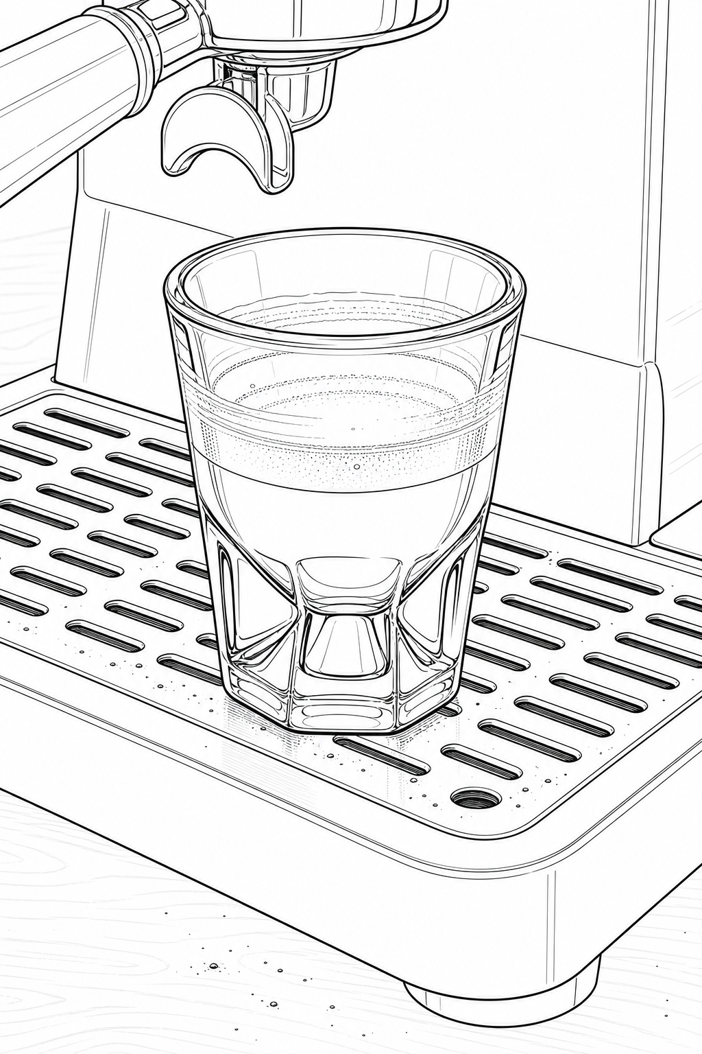 Rhino Coffee Gear shot glass on espresso drip tray — technical line drawing for coloring