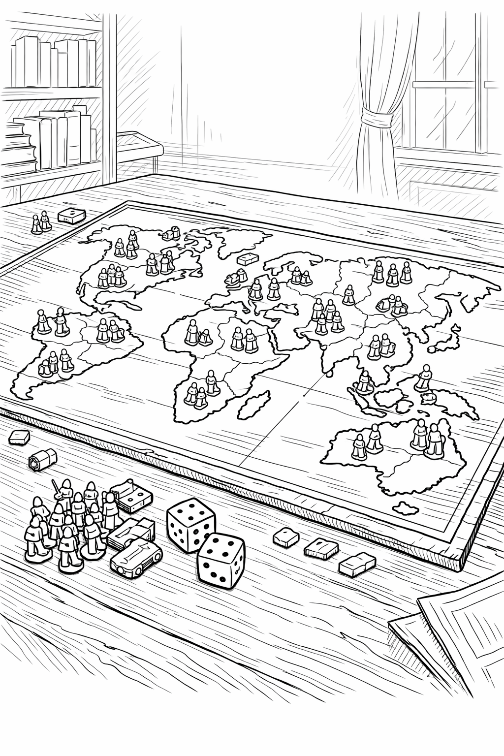 Risk-style world-conquest board game coloring page in technical line art