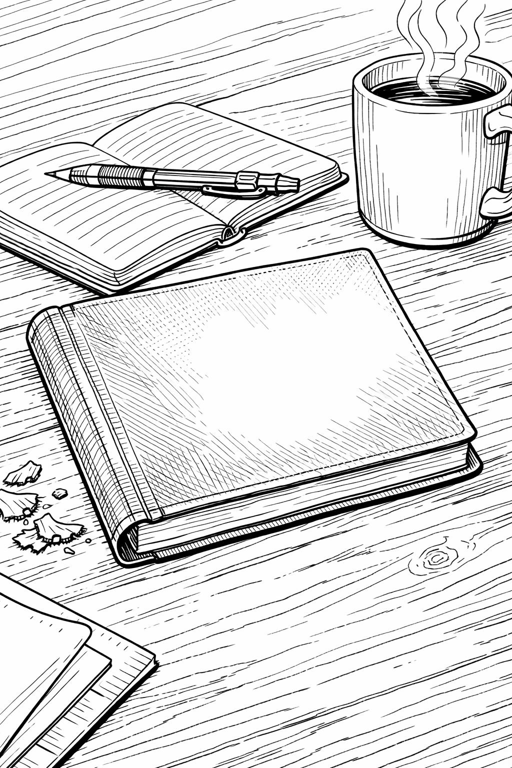 Rite in the Rain Field Book Desk Scene — Technical Line Art Coloring Page