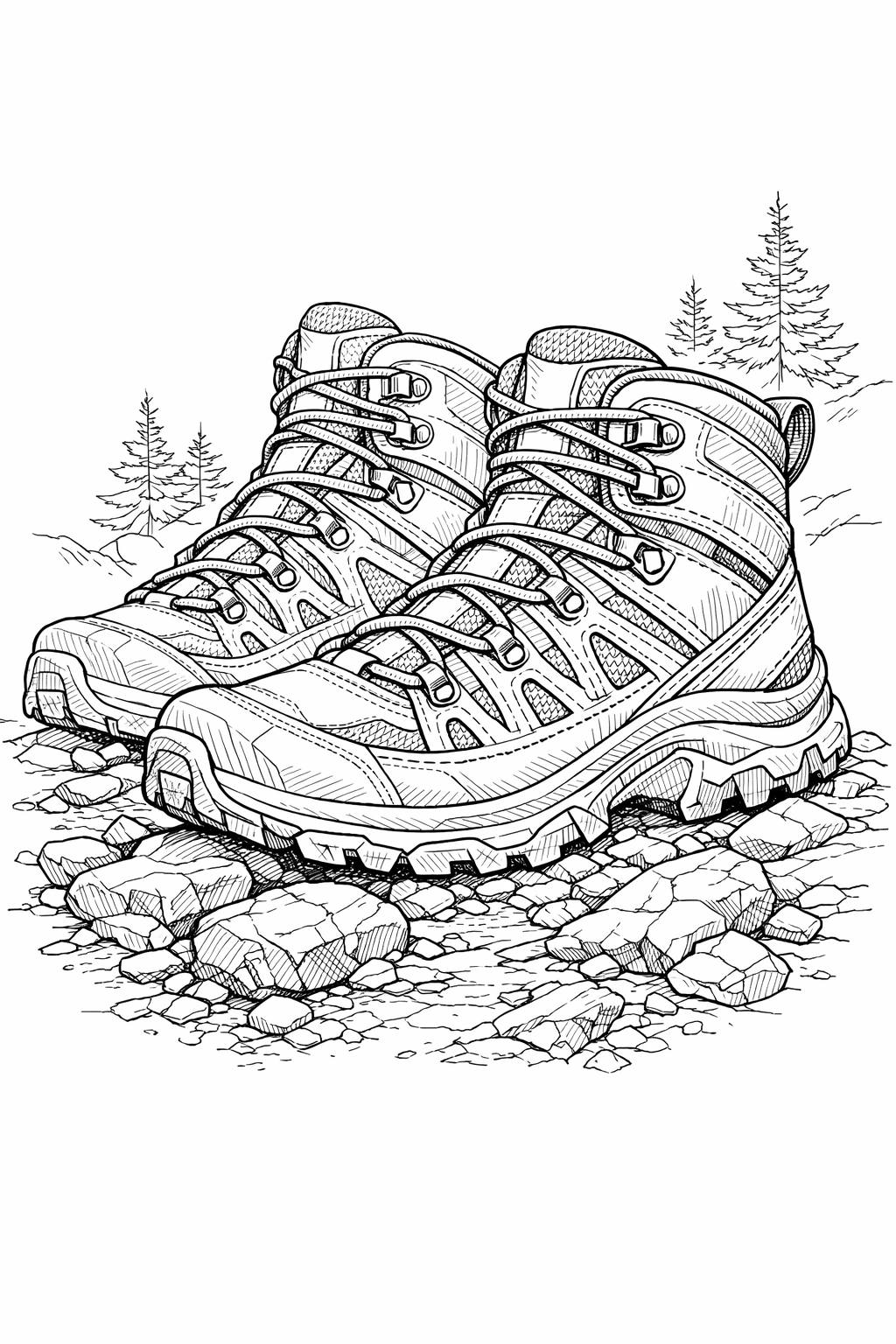Salomon Quest 4 GTX hiking boots on a rocky trail — detailed coloring page