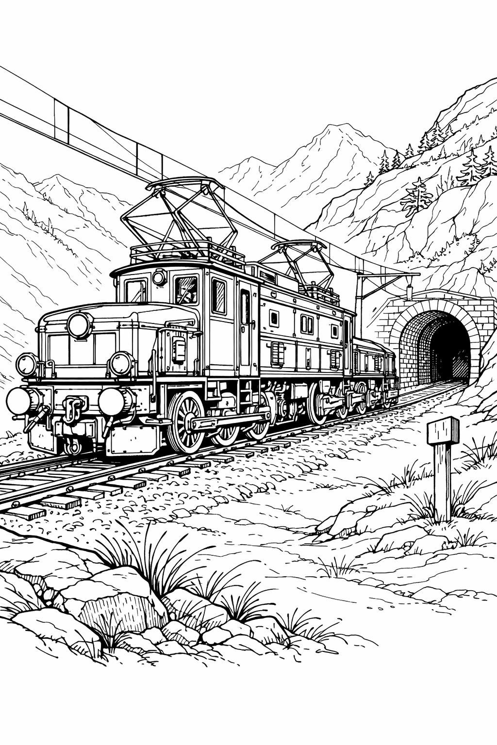 Swiss Ce 6/8 II ‘Crocodile’ electric locomotive in alpine tunnel coloring page