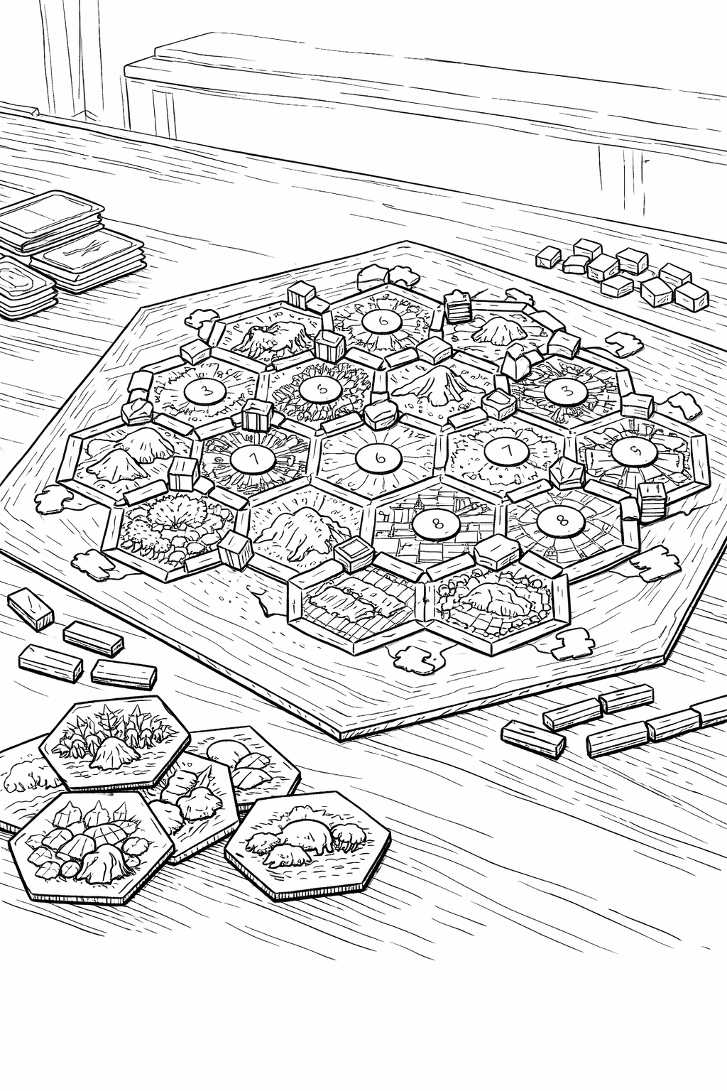 Settlers of Catan board scene coloring page — hex tiles and road pieces