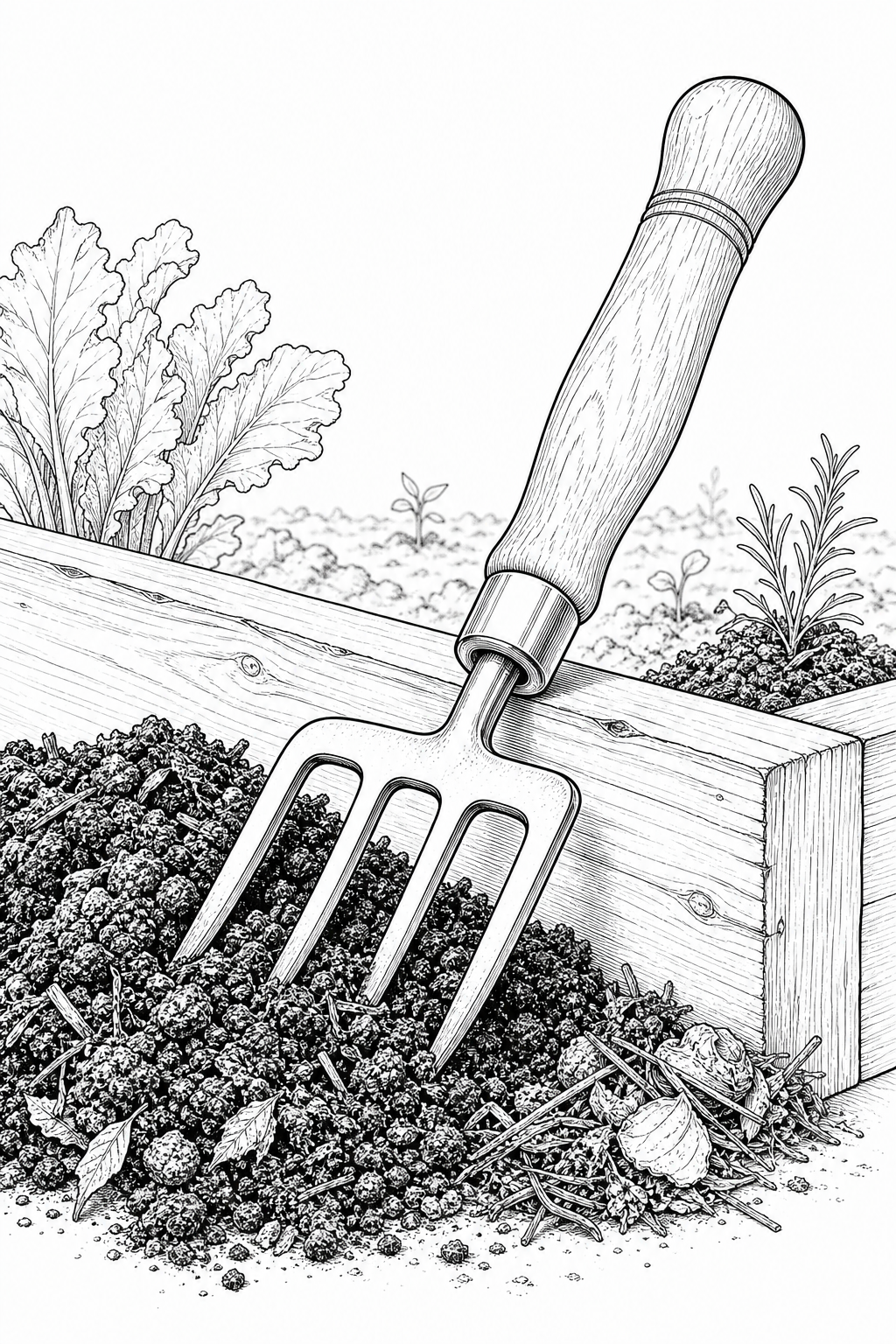 Sneeboer Hand Fork with Raised Bed and Compost — Technical Line Drawing Coloring Page