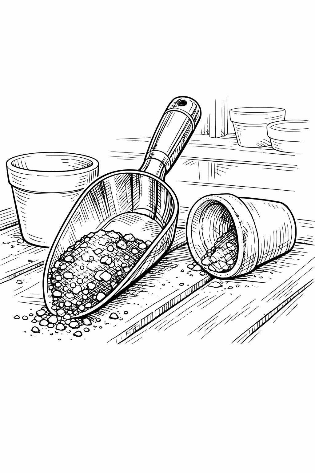 Stainless Steel Potting Scoop on Potting Bench — Line Art Coloring Page