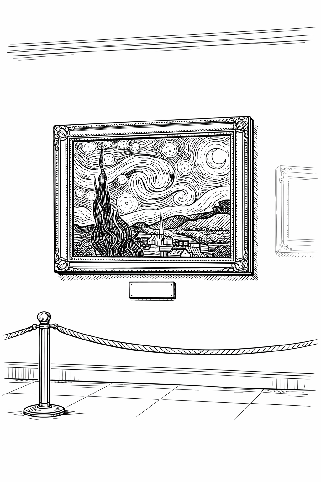 Starry Night in a museum frame — detailed black-and-white line art coloring page
