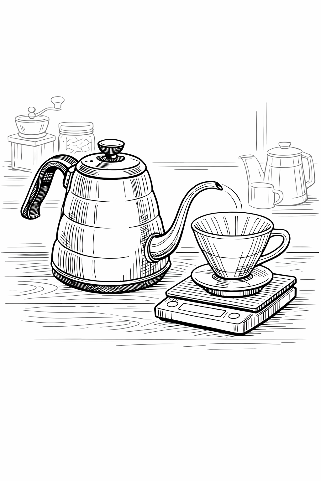 Swan-Neck Kettle with Dripper and Scale Coloring Page