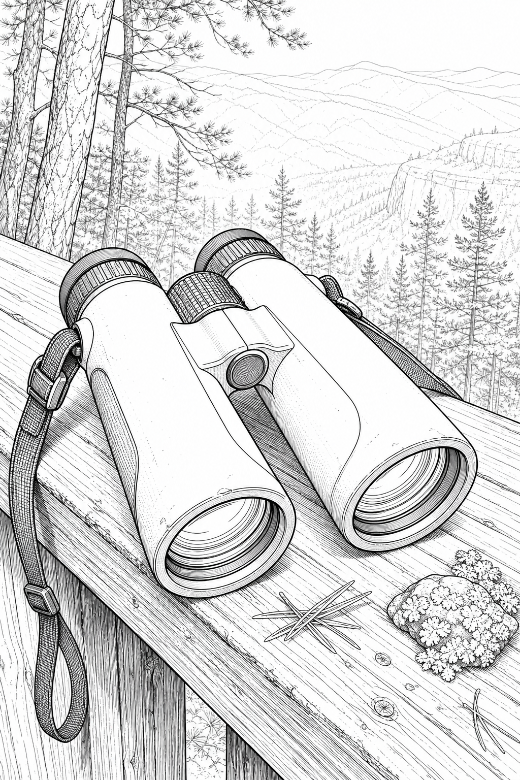 Swarovski NL Pure 8×42 Binoculars at Forest Overlook — Line Art Coloring Page