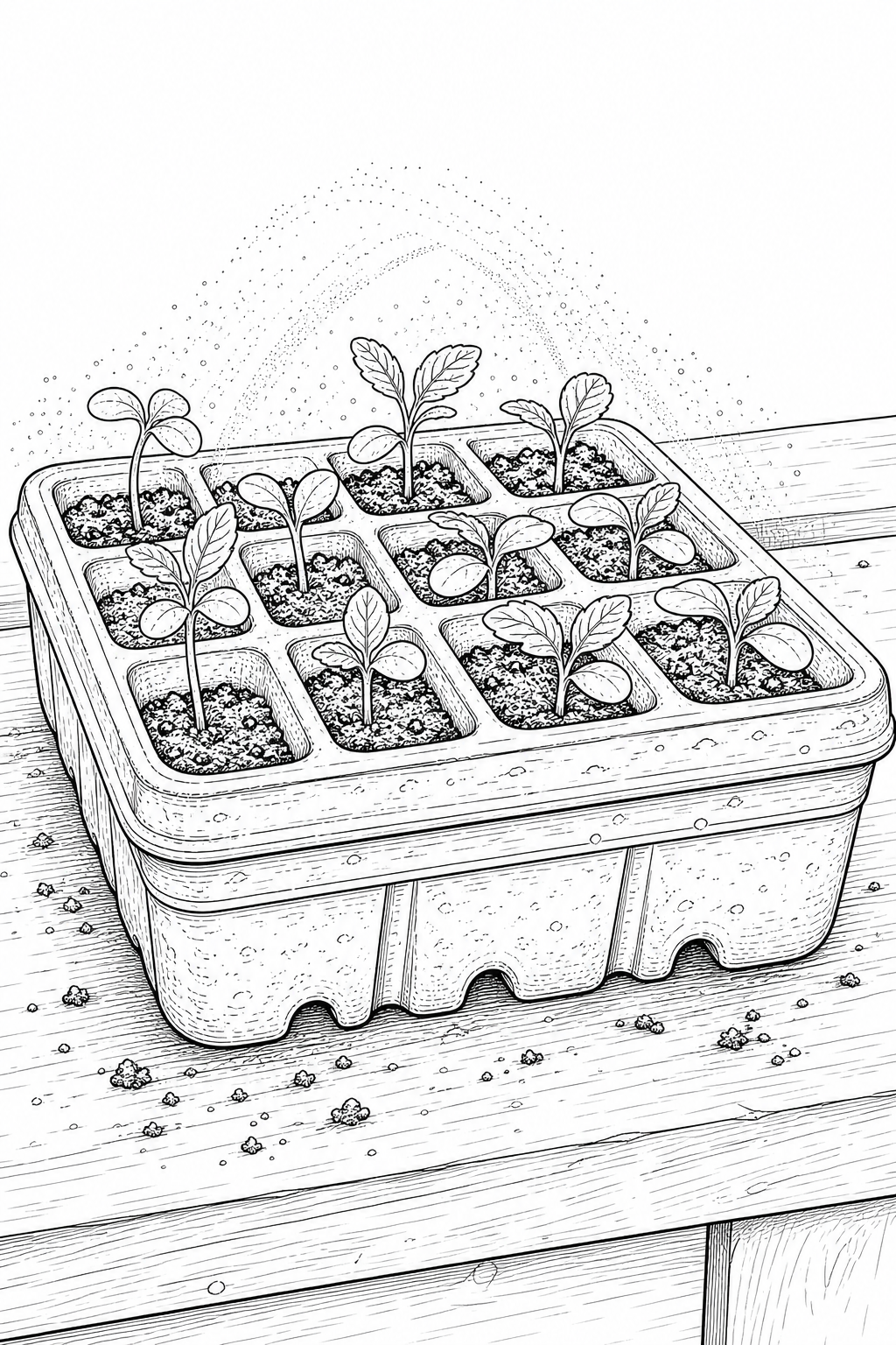 Terracotta Seed Tray Closeup Coloring Page with Seedlings and Mist