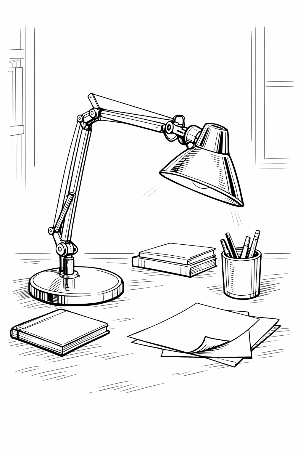 Tolomeo Desk Lamp Still Life Coloring Page — Technical Line Drawing