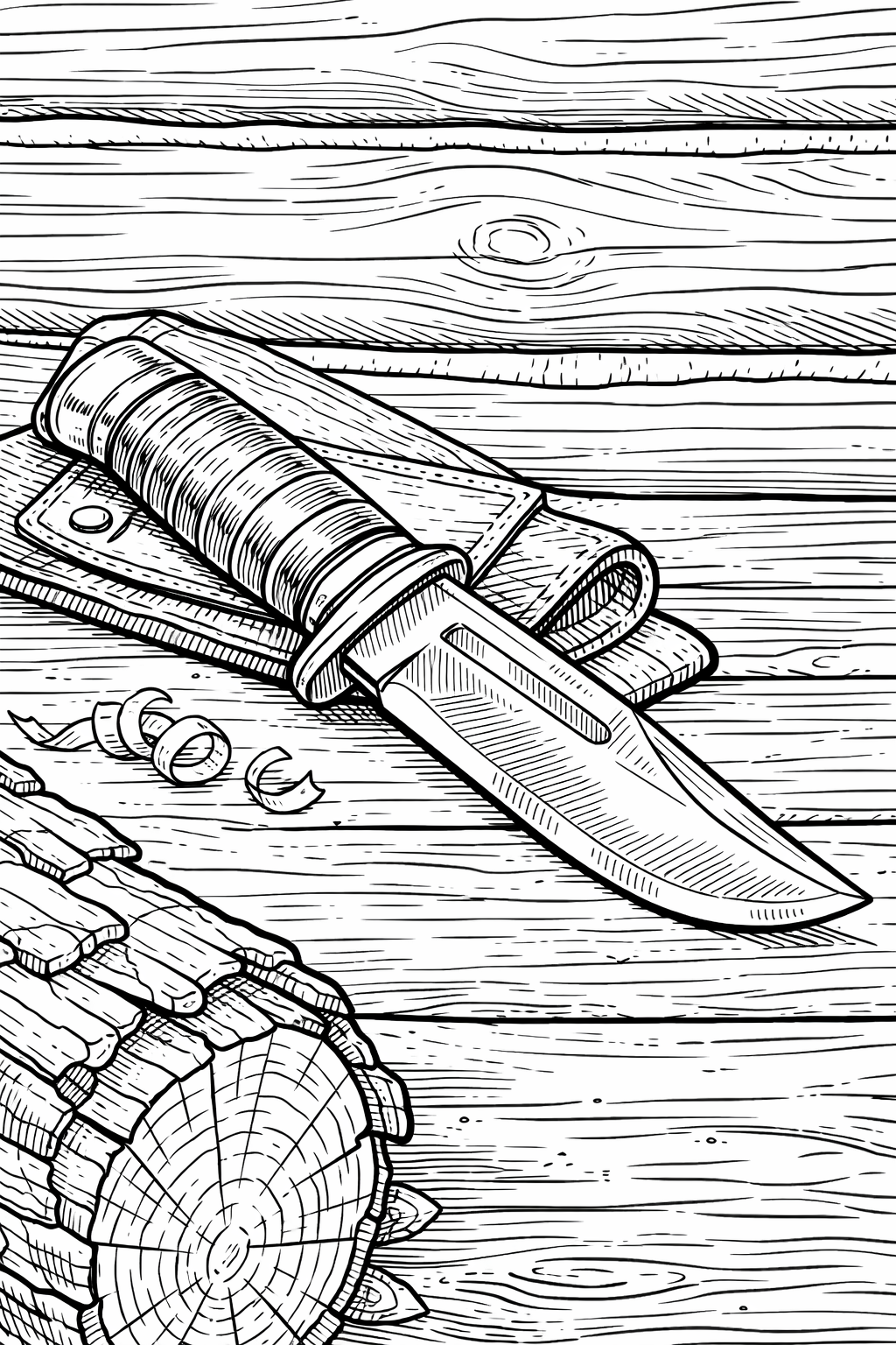 Vintage Hunting Knife Cabin Study — Technical Line Drawing Coloring Page