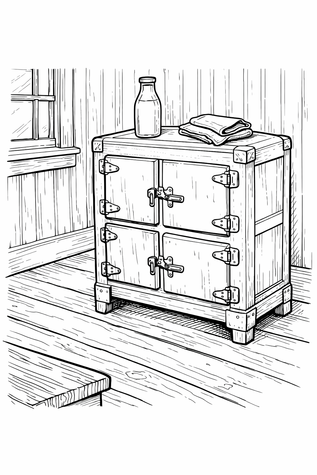 Vintage Ice Box in a Cabin — Technical Line Drawing Coloring Page