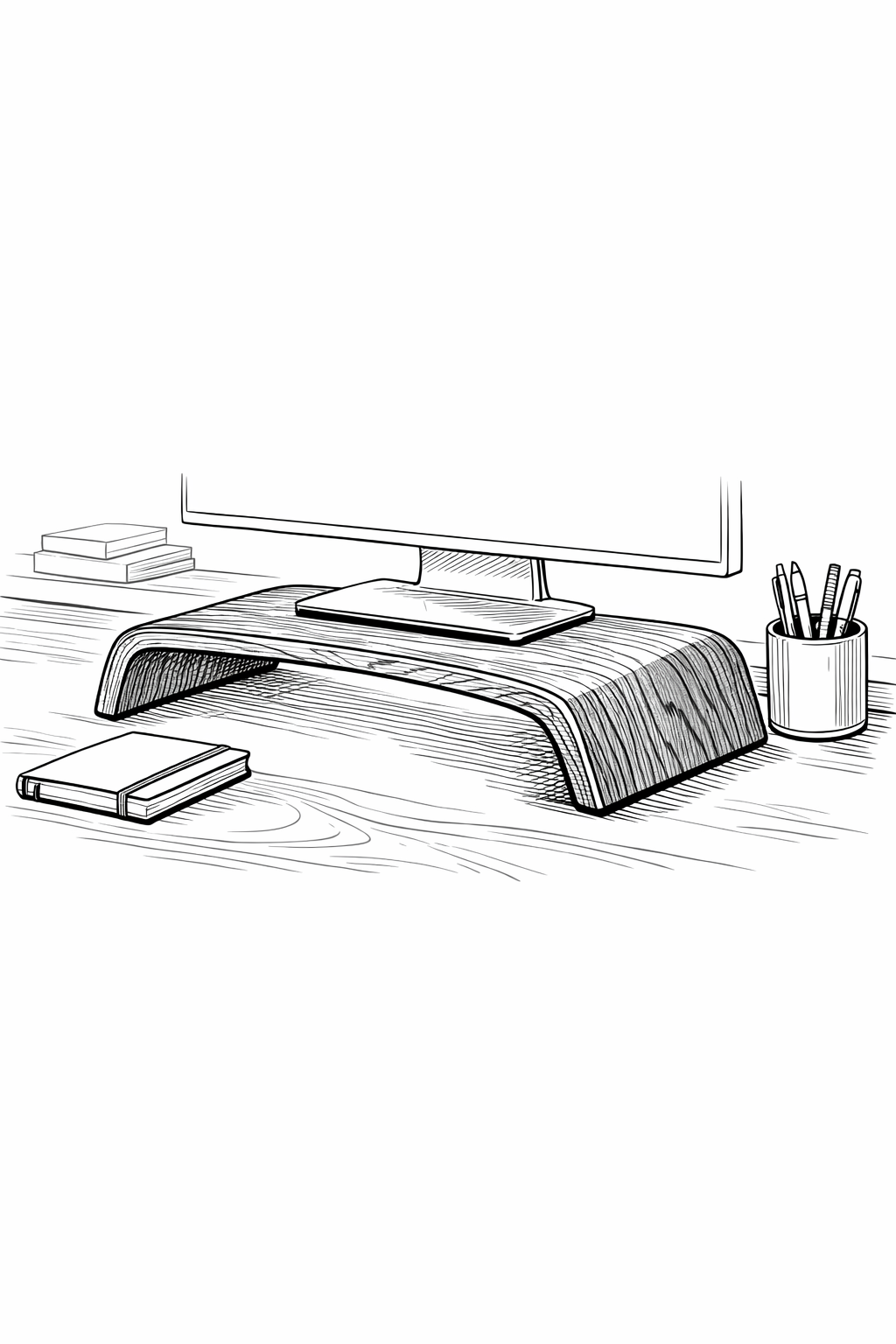 Walnut Monitor Stand Desk Vignette — Premium Line Art Coloring Page