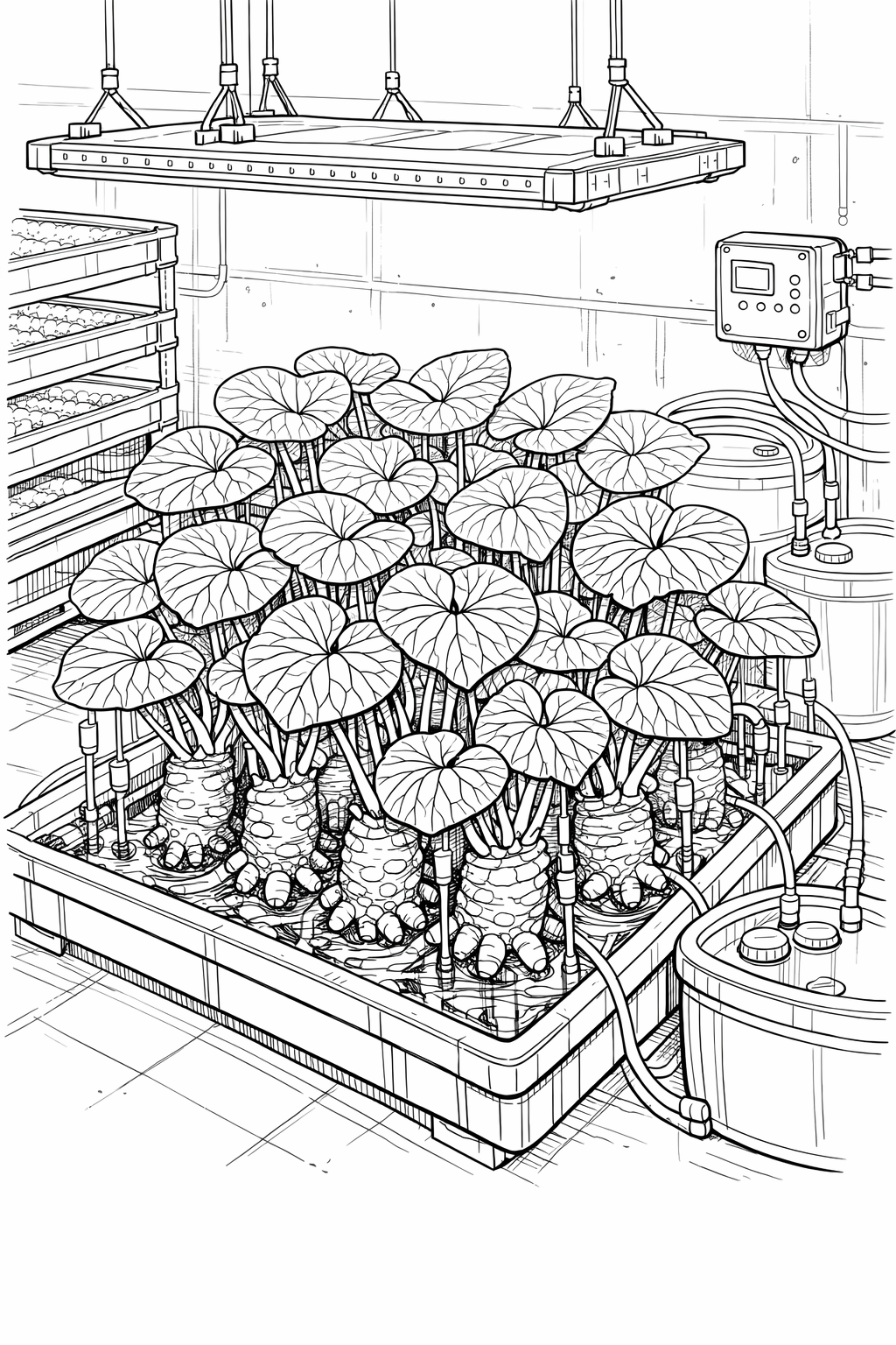 Wasabi Hydroponic Garden Coloring Page — Basement Lab Line Art