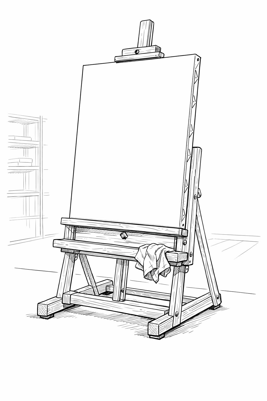 Winsor & Newton Bristol Easel with Canvas and Paint Rag — Technical Line Art Coloring Page