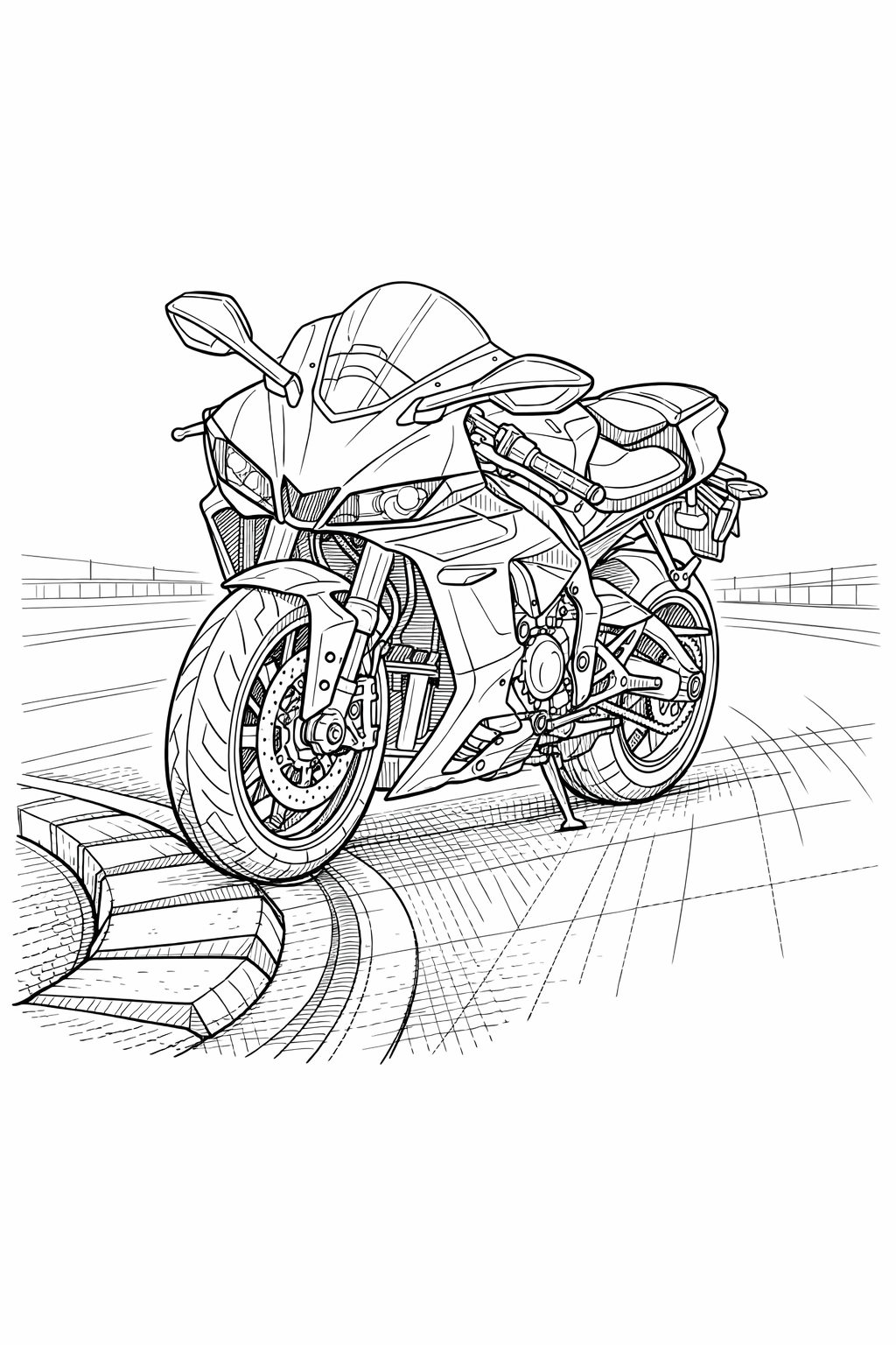 Yamaha YZF-R1 three-quarter track line art coloring page