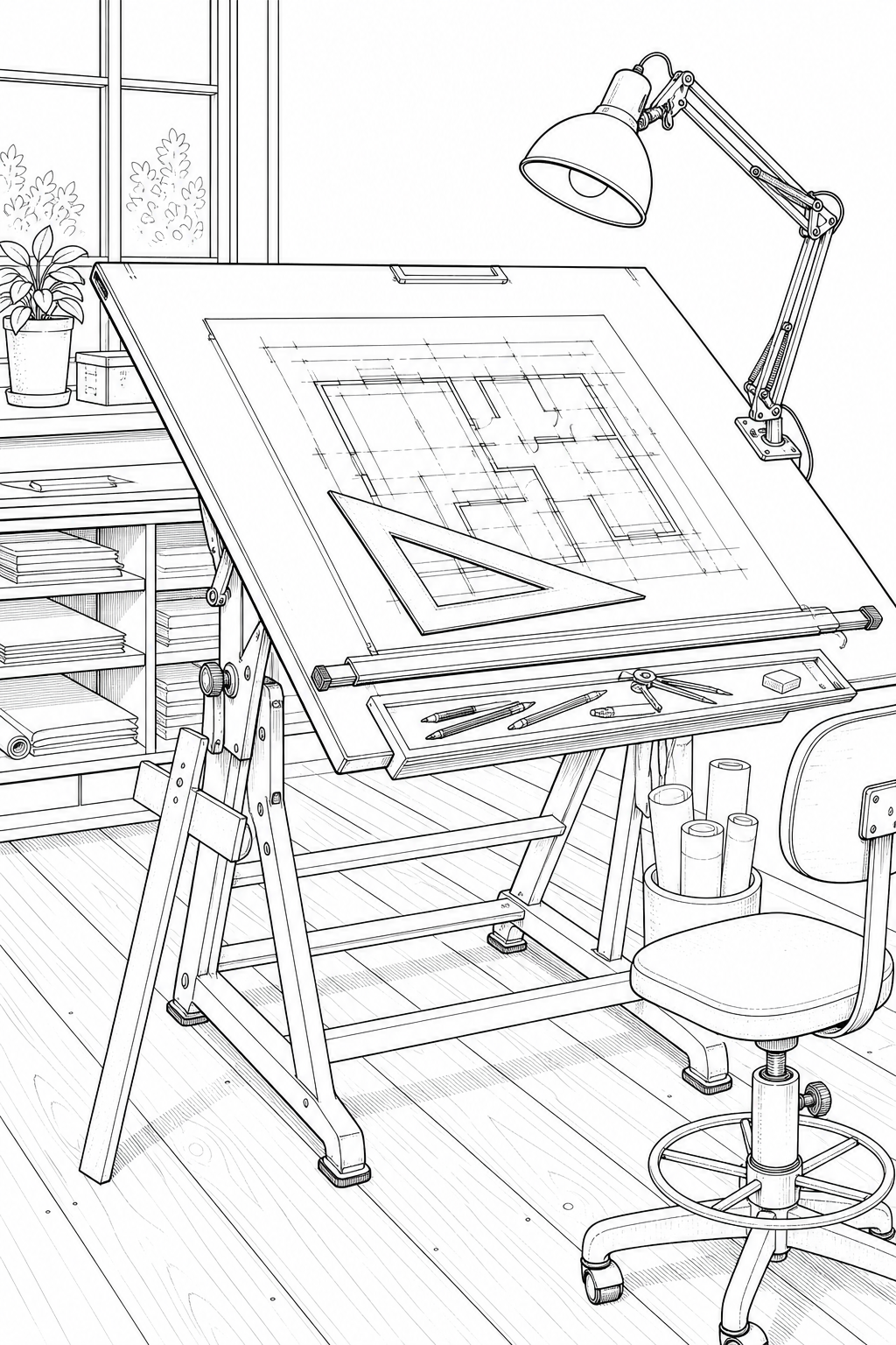 Architect’s Drafting Table Study with Angled Lamp and Triangle Ruler