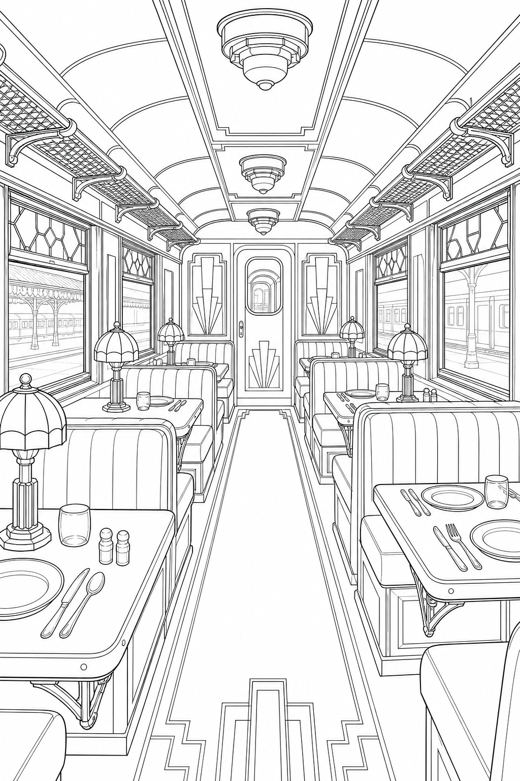 Art Deco Dining Car Interior — Technical Line Art Study