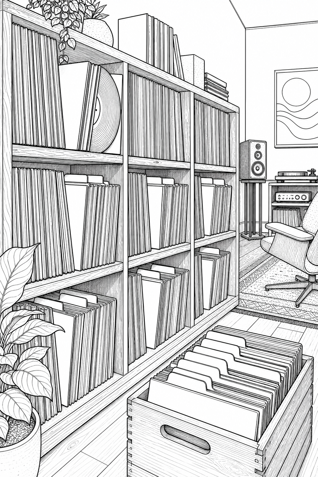 Audiophile Vinyl Archive Shelf Study Coloring Page
