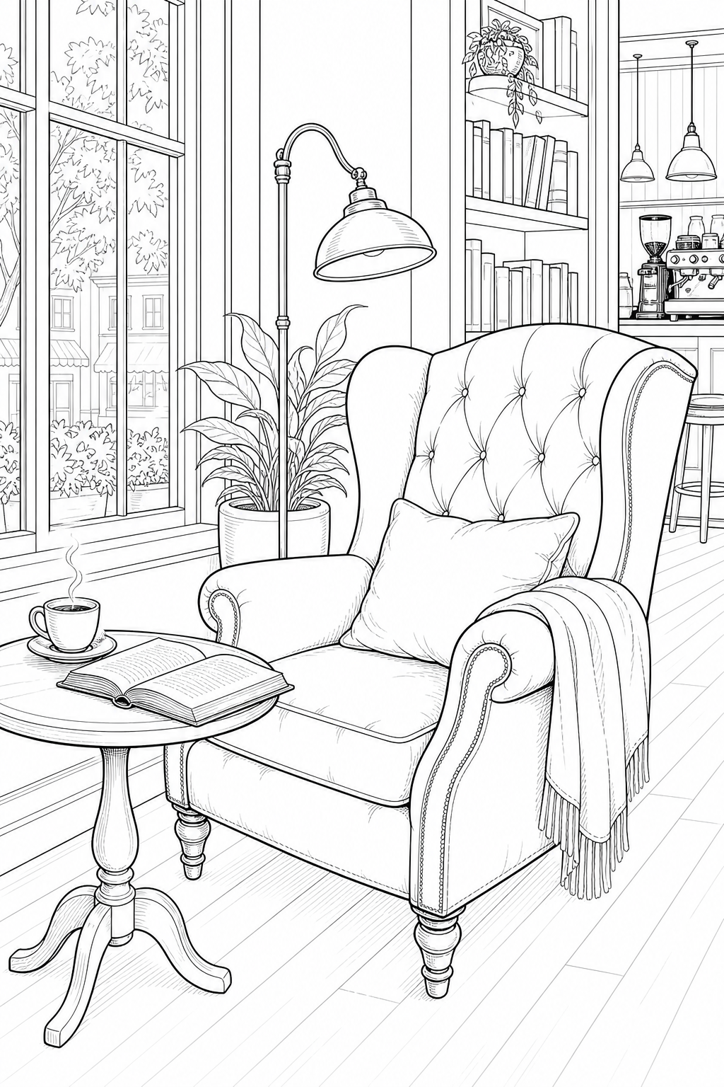 Café Reading Nook — Armchair by Tall Window Technical Line Drawing