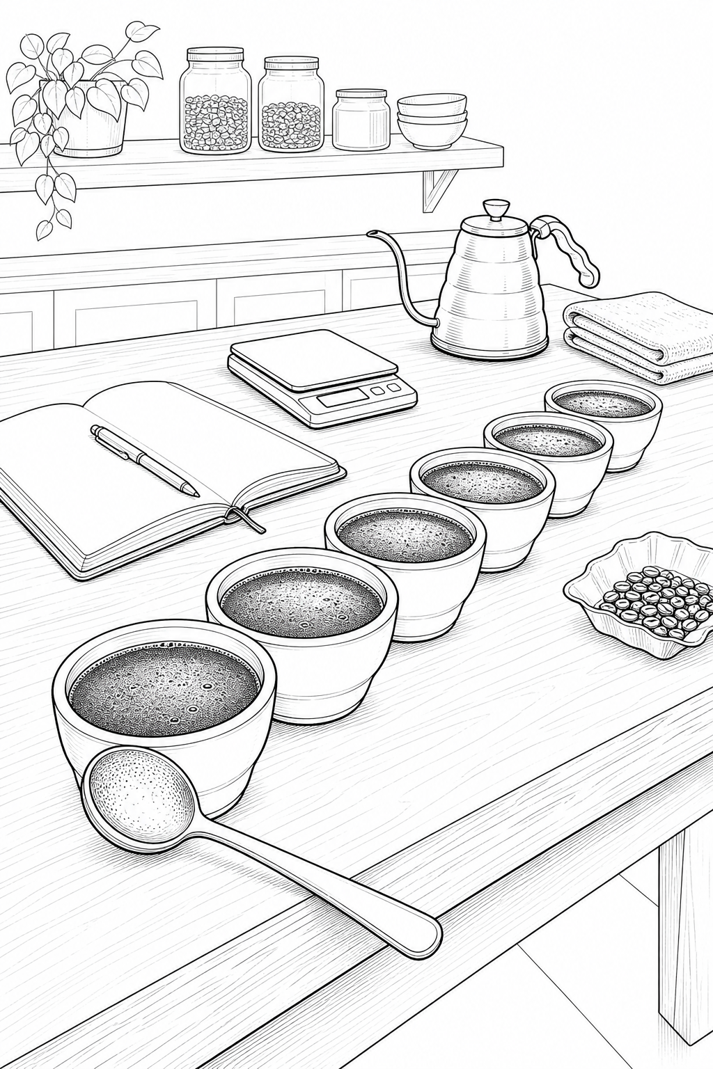 Home Coffee Tasting Table — Technical Line Drawing Study