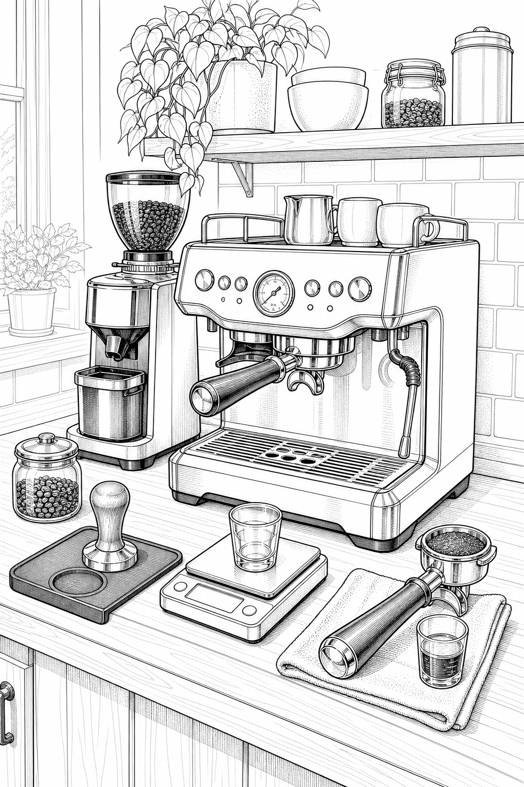 Home Espresso Station — Technical Line Drawing Coloring Page