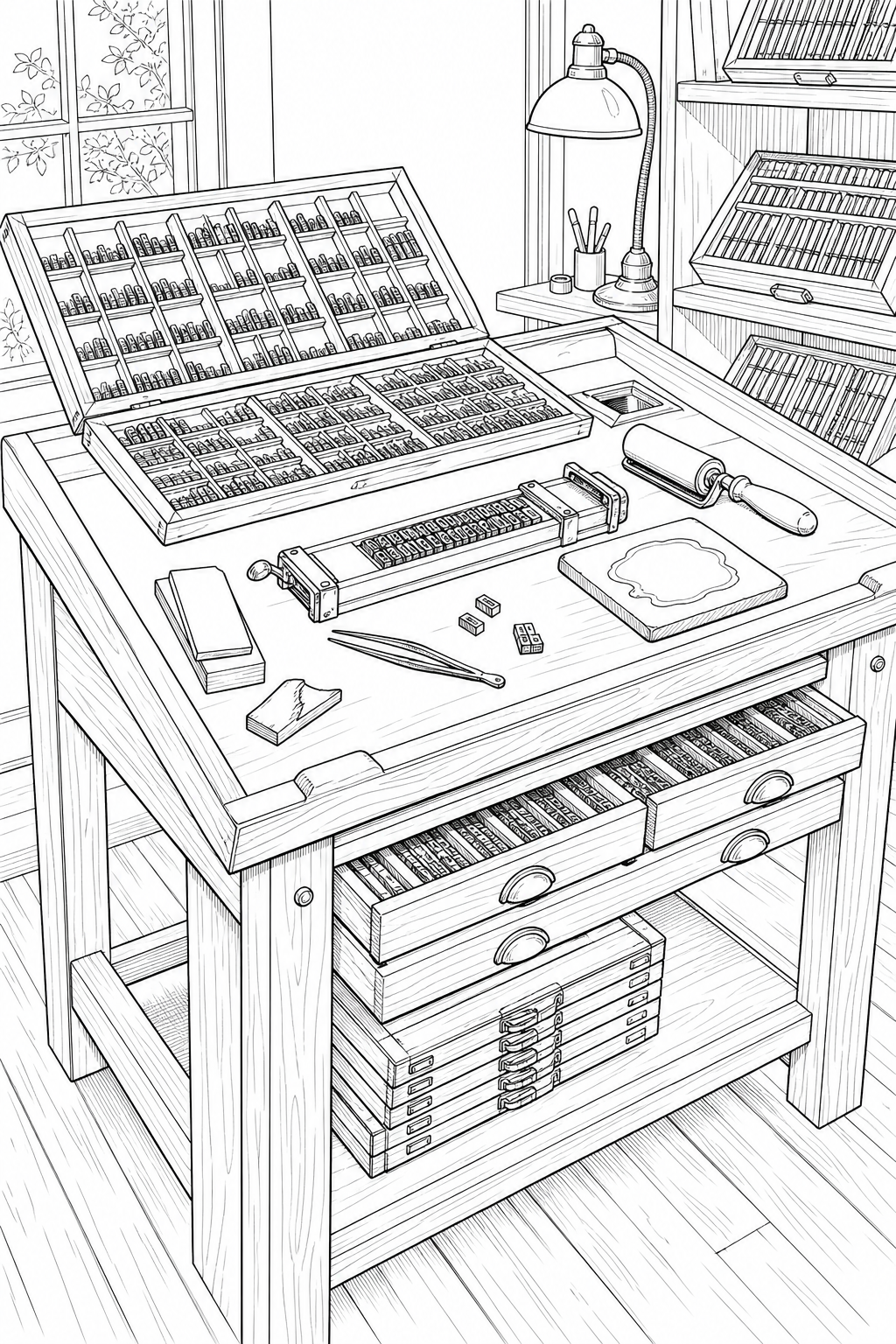 Letterpress Composing Bench Study — Technical Line Drawing Coloring Page