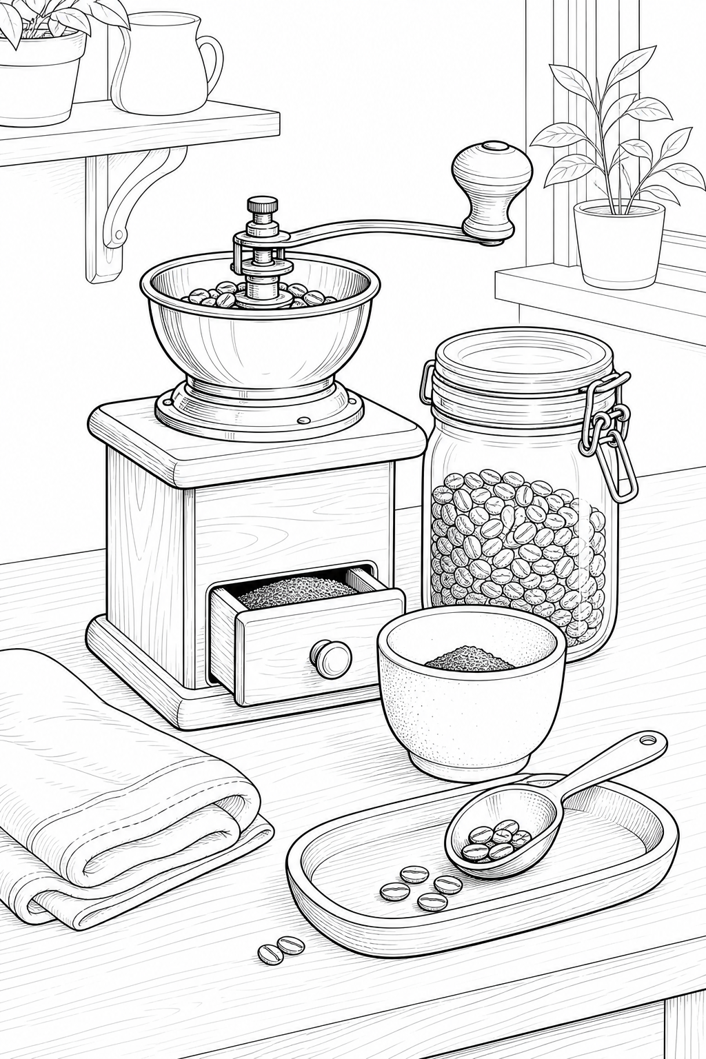 Manual Coffee Grinder Station Illustration — Technical Line Art Coloring Page