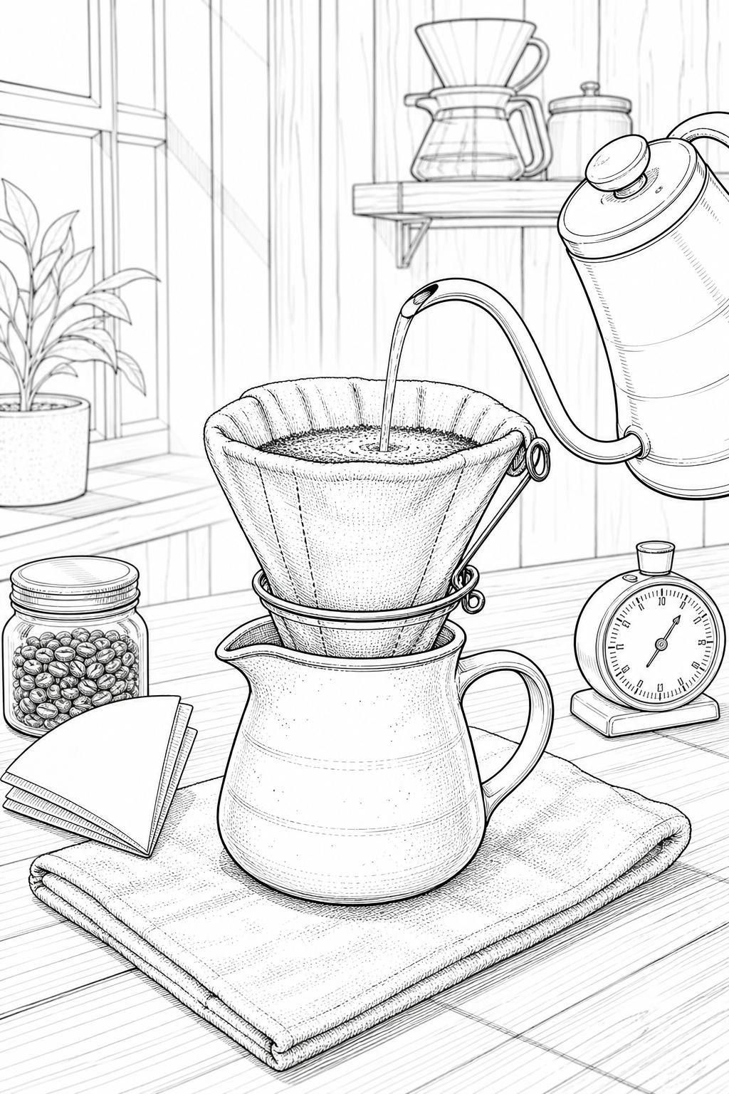 Nel Drip Brewer Setup — Technical Line Drawing Coffee Ritual Study