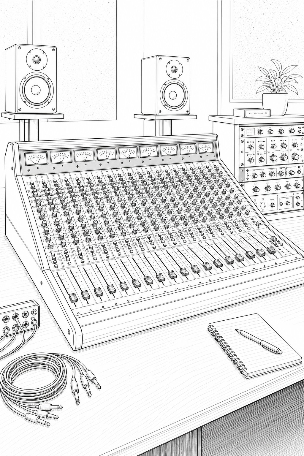 Neve 8078 mixing console studio study — technical line drawing coloring page