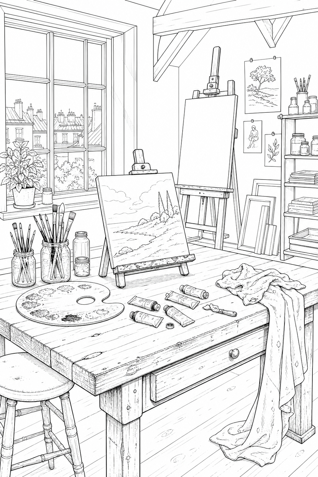 Painter’s Loft Studio Illustration — Wooden Worktable by North-Facing Window