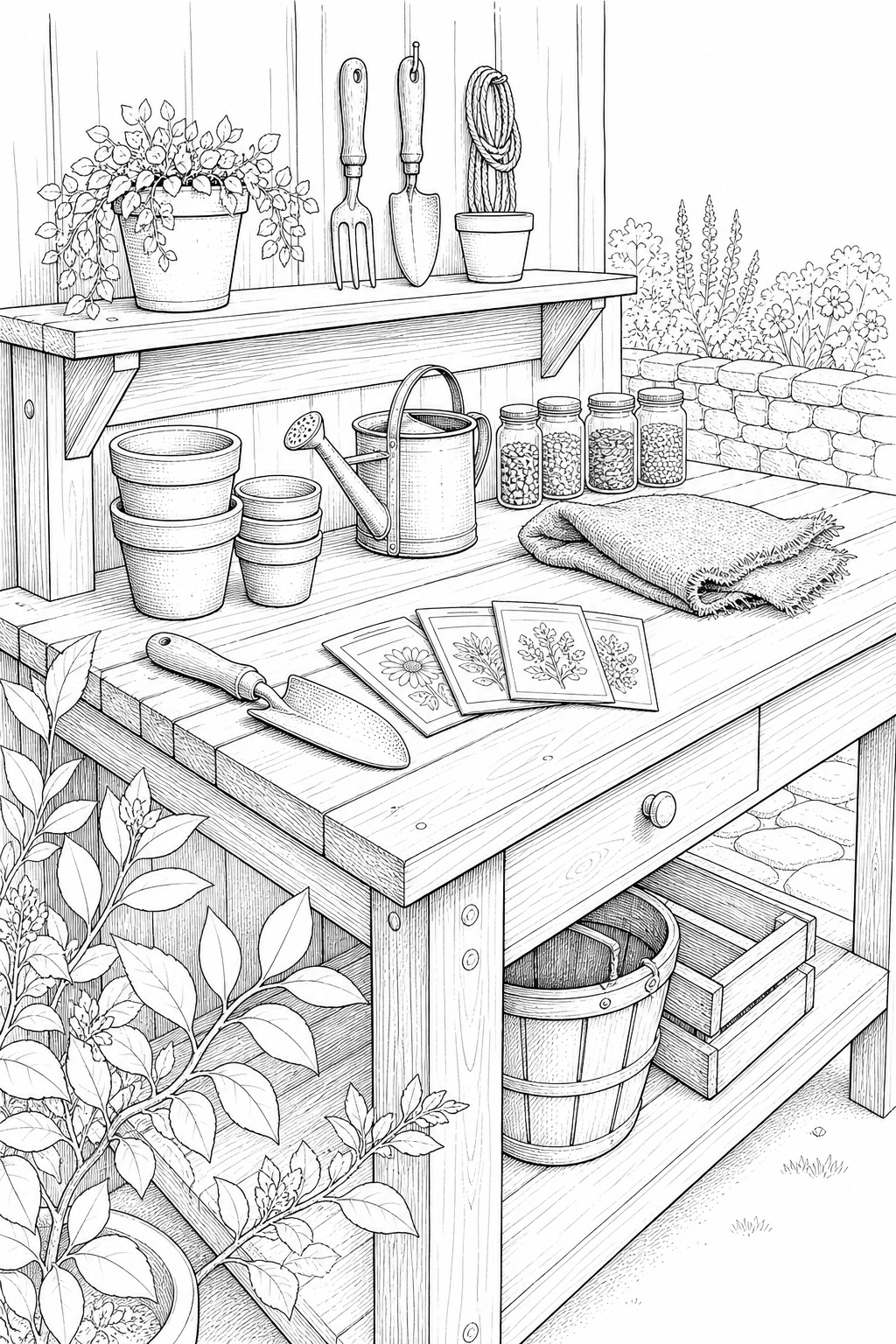 Potting Bench Study with Seed Packets and Trowel — Garden Illustration