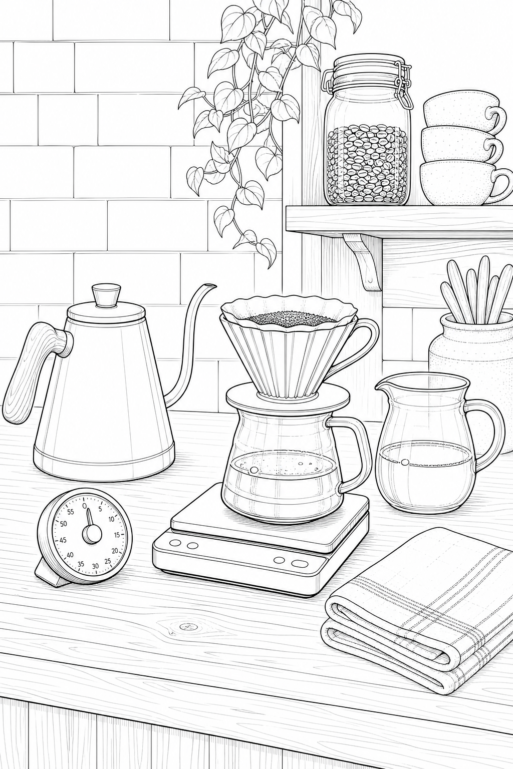 Pourover Brew Bar technical line drawing coloring page