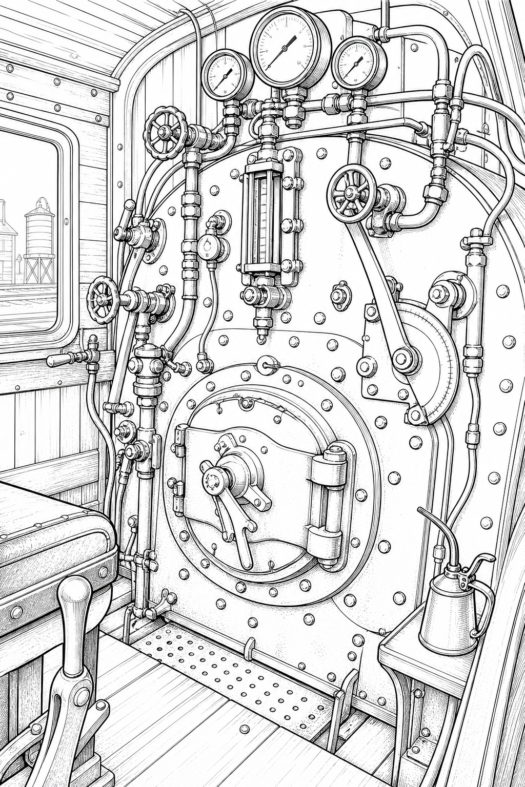 Steam Locomotive Cab Interior Study — Firebox Door and Gauges Line Drawing