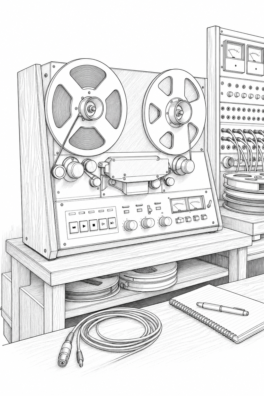 Studer A810 Reel-to-Reel Tape Deck — Technical Line Drawing Coloring Study