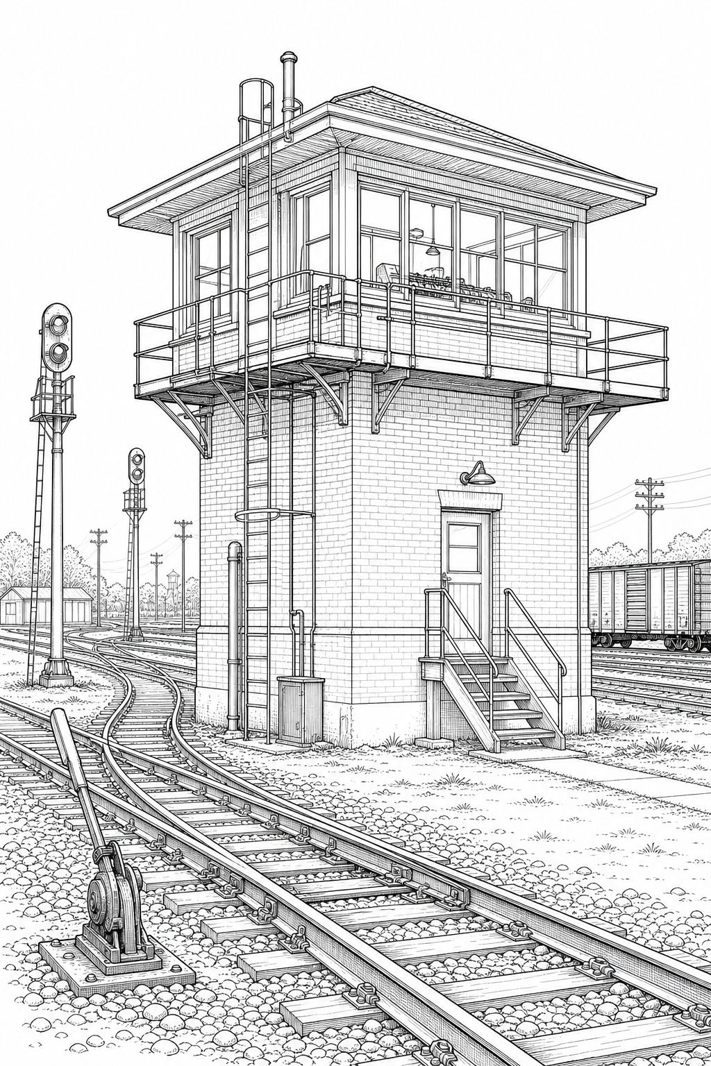 Switching Yard Control Tower — Technical Line Drawing Coloring Page