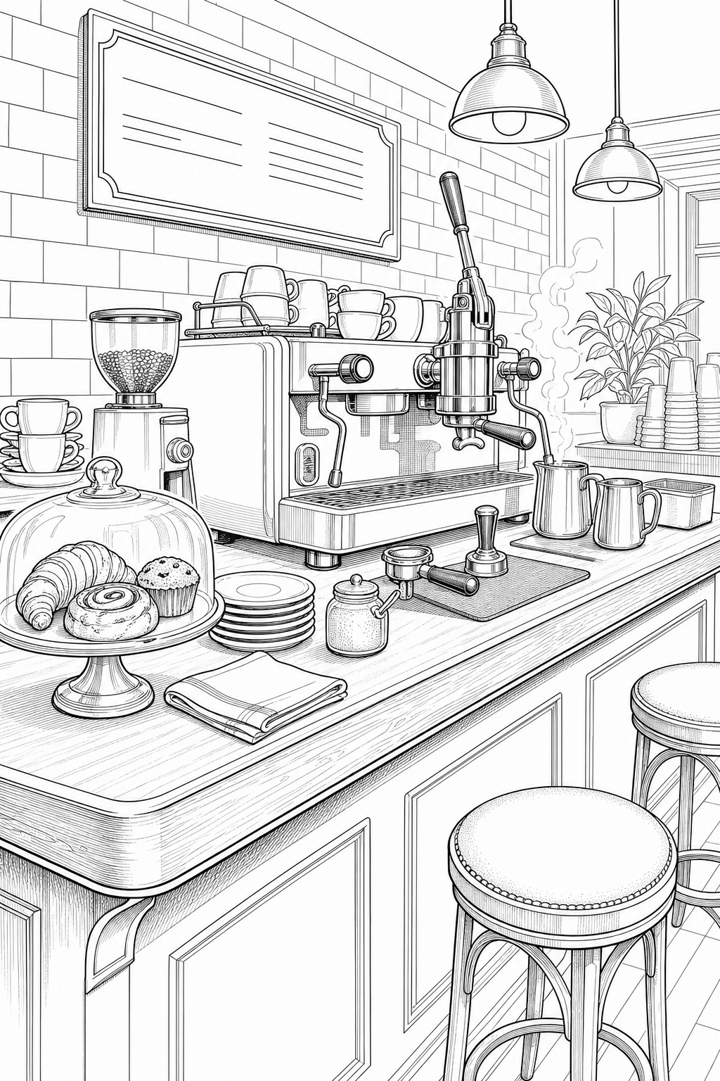 Traditional Café Espresso Bar Study — Technical Line Drawing Coloring Illustration
