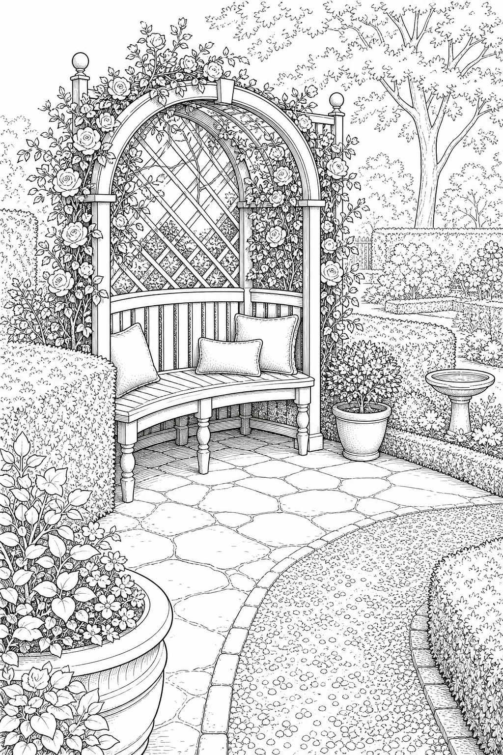 Victorian garden seat nook with arched trellis — technical line art coloring page